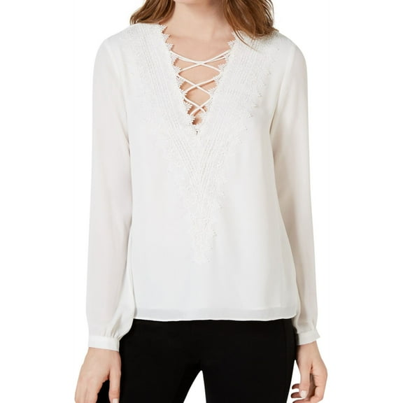 Leyden Womens Lace-Trim Pullover Blouse, White, Medium