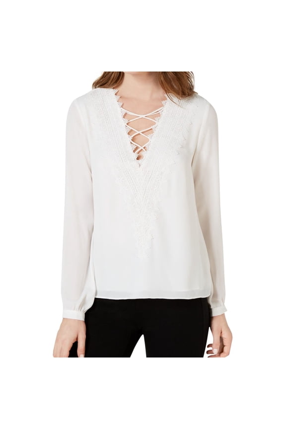 Womens Lace-Trim Pullover Blouse, White, Medium