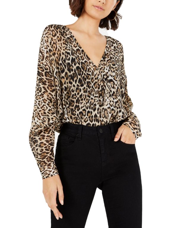 Womens Leoprd Print Doleman Sleeves Bodysuit Brown L