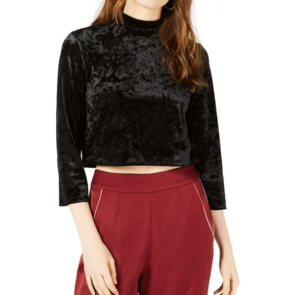 Leyden Womens Mock Neck Crop Top Blouse, Black, Small