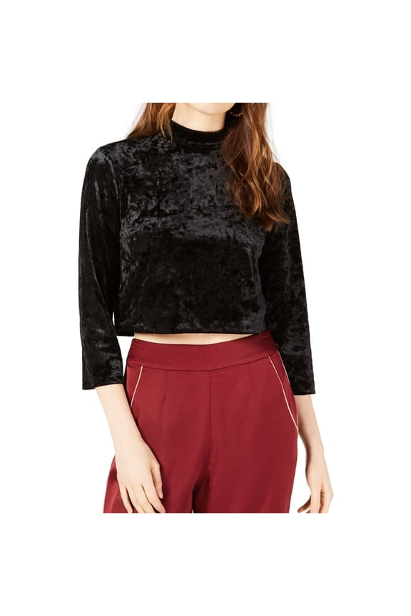 Womens Mock Neck Crop Top Blouse, Black, X-Small