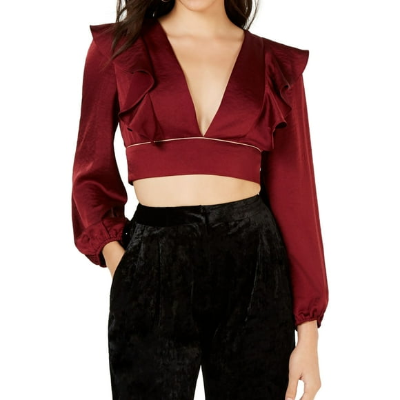 Leyden Womens Plunging Ruffled Crop Top Blouse, Red, Medium