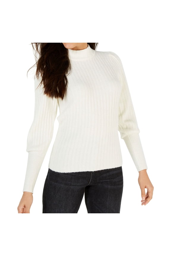 Womens Ribbed Mock Neck Pullover Sweater, White, X-Small