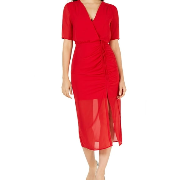 Leyden Womens Ruched Midi Dress, Red, X-Small