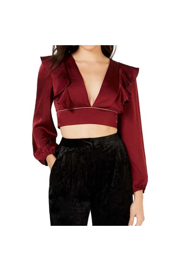 Womens Plunging Ruffled Crop Top Blouse, Red, X-Large