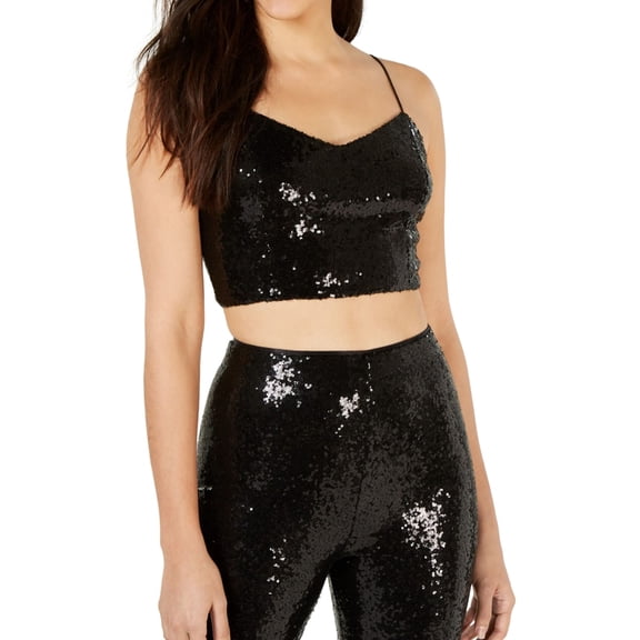 Leyden Womens Sequin Bustier Crop Top Blouse, Black, Large