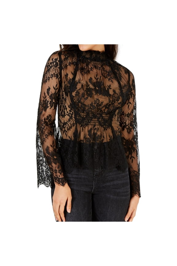 Womens Sheer Lace Pullover Blouse, Black, Small