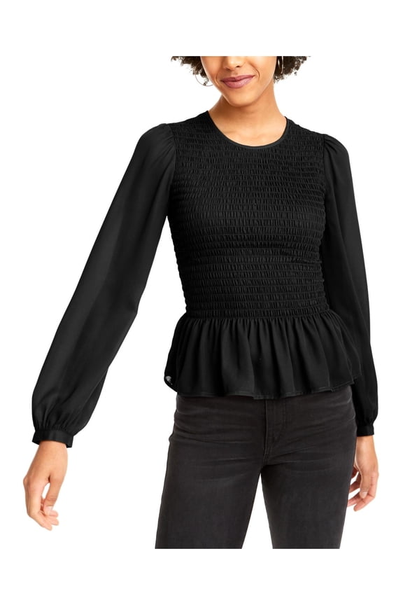 Womens Smocked Puff Sleeves Top Black XL