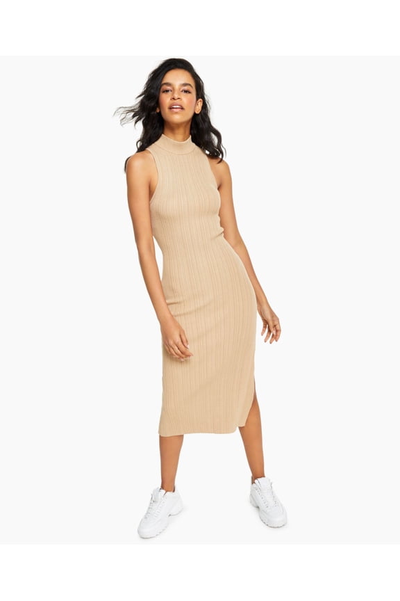 Womens Striped Mock-Neck Sleeveless Midi Dress