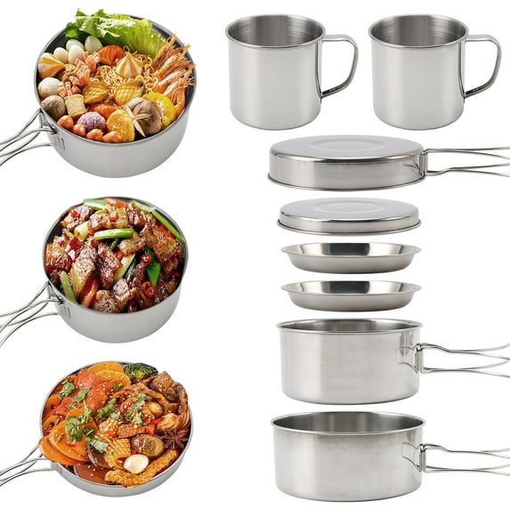 Leyeet Camping Cookware Set 8pcs Stainless Steel Pot Pan Cups Plates ...