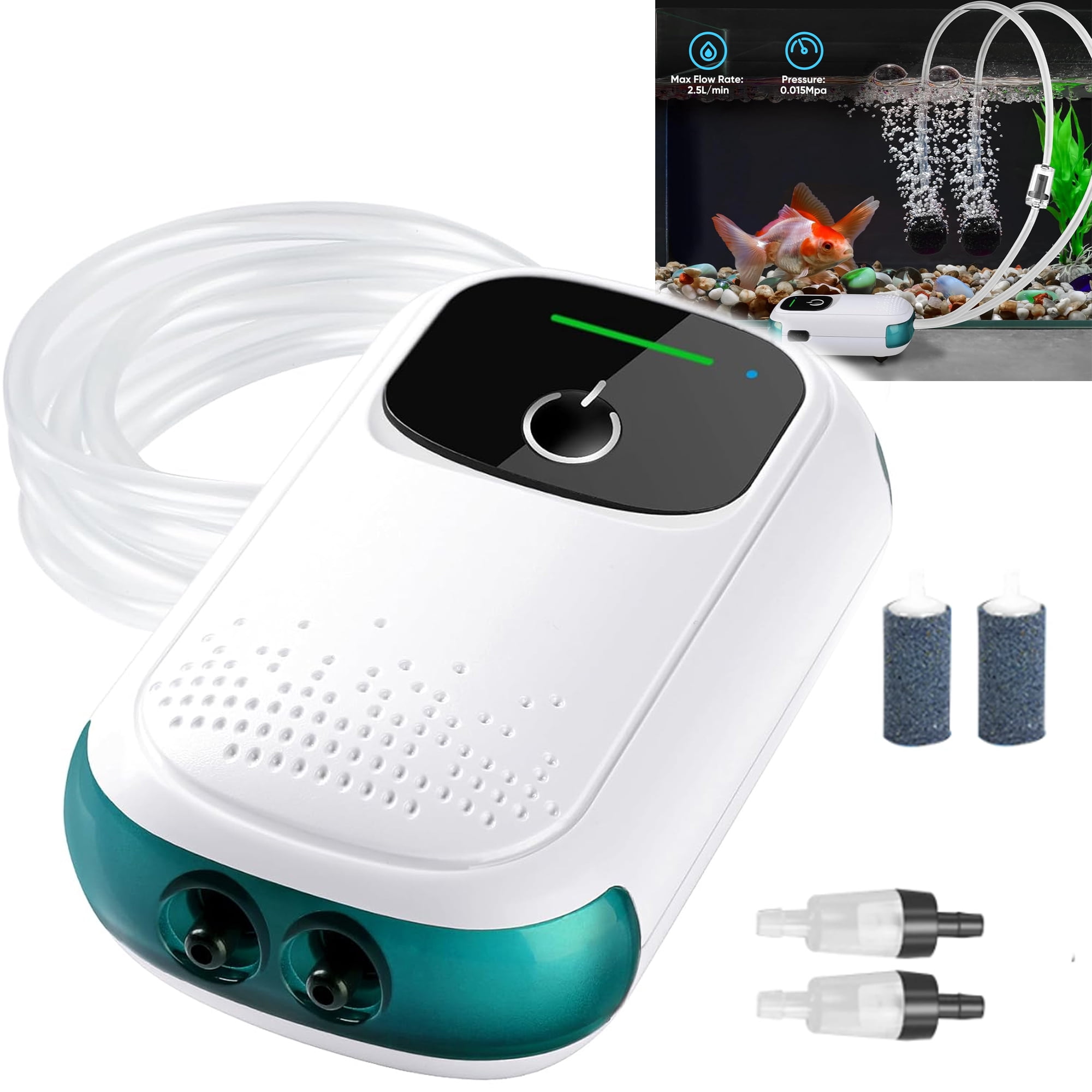 Leyeet Battery Aquarium Air Pump, USB Rechargeable Fish Aerator Pump with Accessories for 5-120 Gallons, Portable Aquarium Bubbler Pump for Fish Tank, Outdoor-Fishing, Power Outages and Emergency
