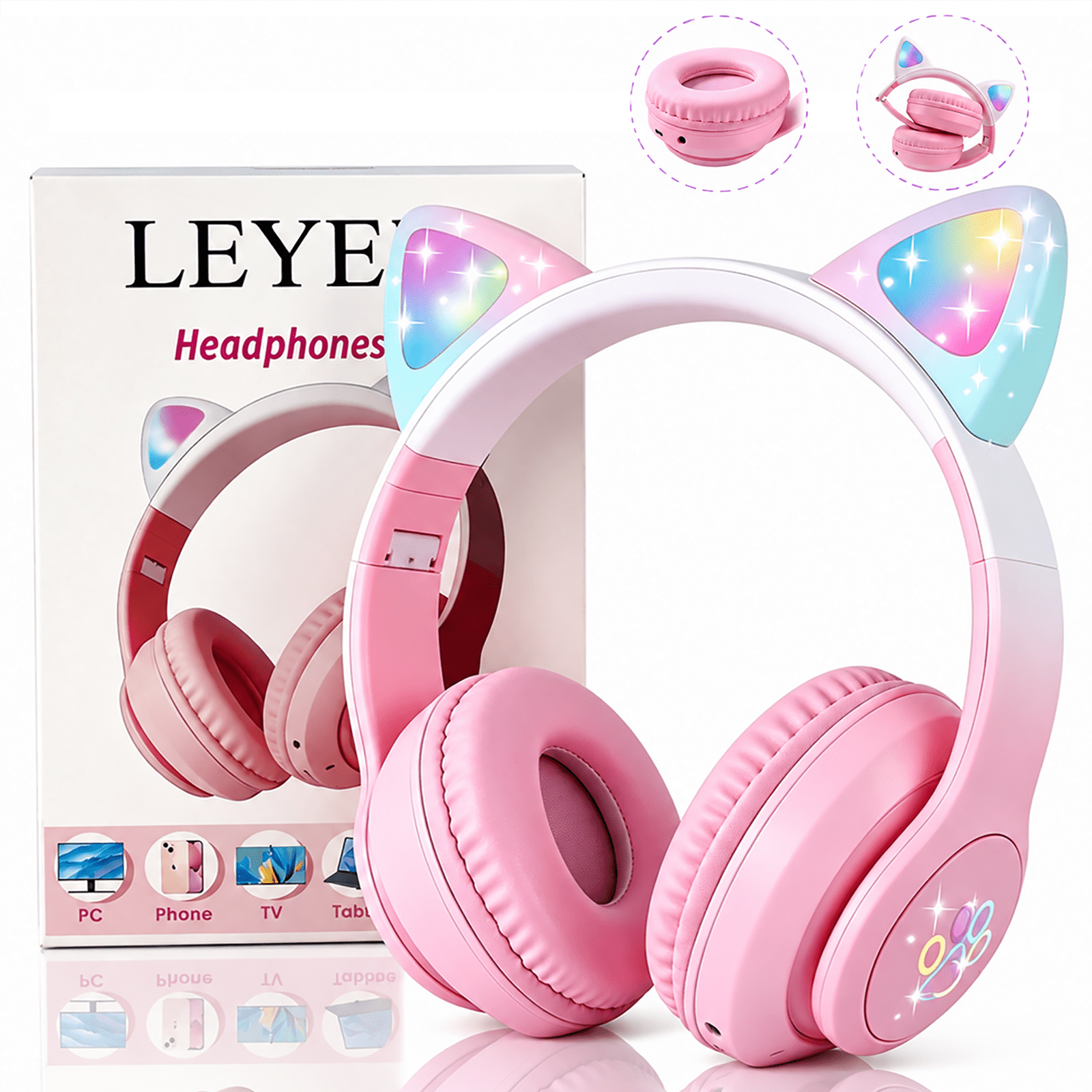 Leyeet Cat Ear Kids Bluetooth Headphones for Girls Children Teens, LED Light Up Wireless/Wired Mode Foldable Stereo Girls Headphones with Built-in Mic for School Birthday Xmas Gift (Pink)