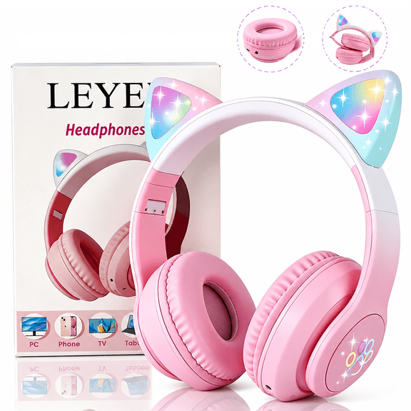 Leyeet Cat Ear Kids Bluetooth Headphones for Girls Children Teens, LED Light Up Wireless/Wired Mode Foldable Stereo Girls Headphones with Built-in Mic for School Birthday Xmas Gift (Pink)