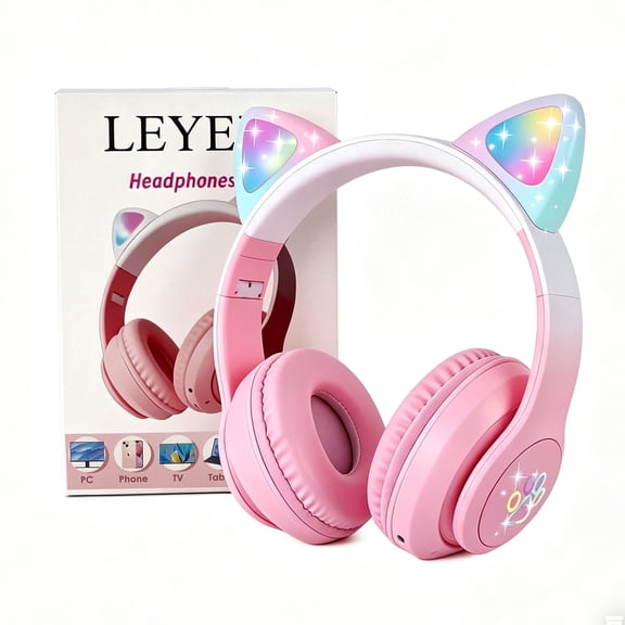 Leyeet Cat Ear Kids Bluetooth Headphones for Girls Children Teens, LED Light Up Wireless/Wired Mode Foldable Stereo Girls Headphones with Built-in Mic for School Birthday Xmas Gift (Pink)