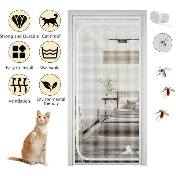 Reinforced Cat Screen Door, Heavy Duty Pets Proof Screen Door with Bilateral Zipper and Loops, Durable Thickened Cat Resistant Mesh Screen Door for Home, Bedroom, Living Room, Kitchen Patio Door