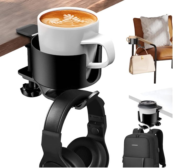 Leyeet Desk Cup Holder with Headphone Hanger, AntiSpill Cup Holder for
