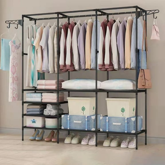 Leyeet Clothes Rack, Freestanding Heavy Duty Garment Rack with Side Hooks, Portable Clothing Rack Versatile Hanger, Wardrobe Closet Organizer for Dorm, Bedroom, Black, No-Tool Assembly, 63"x14"x67"