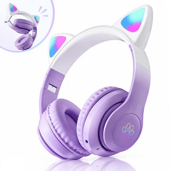 Leyeet Cat Ear Kids Bluetooth Headphones for Kids, LED Light Up Wireless/Wired Mode Foldable Stereo Girls Headphones with Built-in Mic, Kids Over Ear Headphonesfor School Gift (Purple)