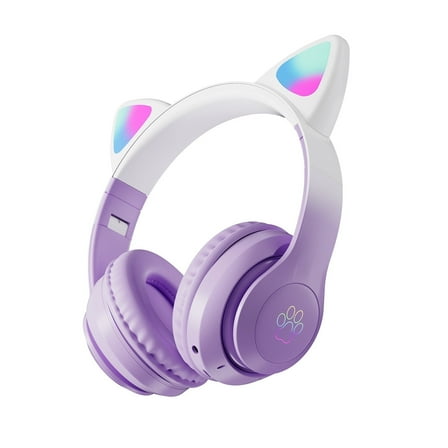 Leyeet Cat Ear Kids Bluetooth Headphones for Kids, LED Light Up Wireless/Wired Mode Foldable Stereo Girls Headphones with Built-in Mic, Kids Over Ear Headphonesfor School Gift (Purple)