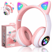 Leyeet Kids Wireless Headphones Cat Ear LED Light Up Bluetooth Foldable Headphones Over Ear w/Microphone for Online Distant Learning Pink