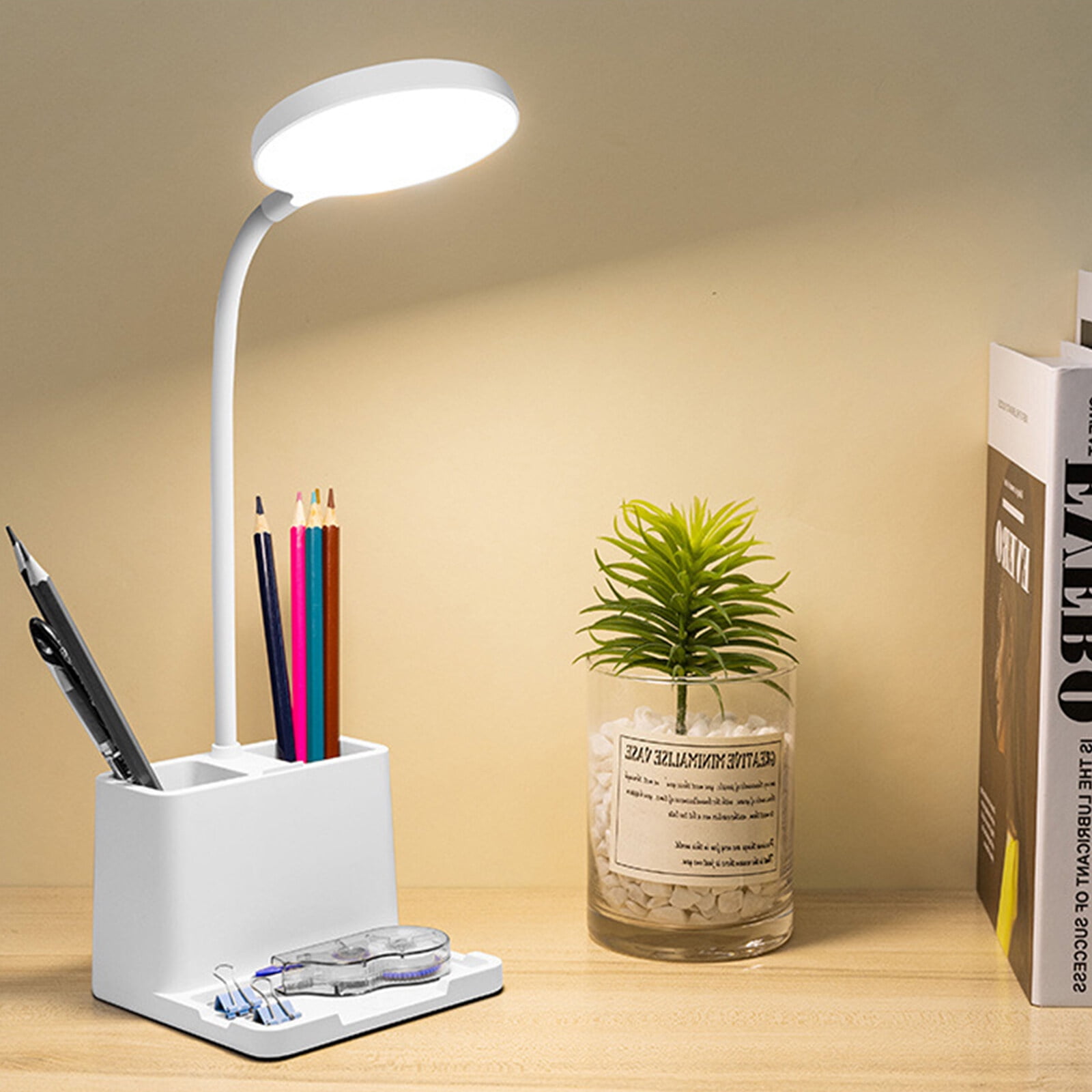 Leyeet LED Desk Lamp Night Light with Pen Phone Holder 3 Color Modes Rechargeable Light Adjustable Flexible Gooseneck Portable Desk Lamp for