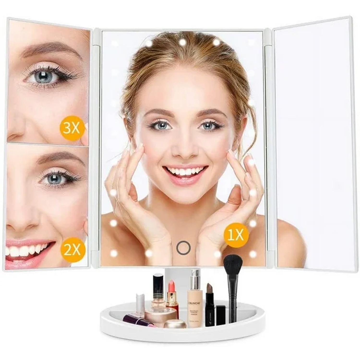Leyeet Makeup Mirror Vanity Mirror With Lights, 2X 3X 10X Magnification Lighted Makeup Mirror Touch Control Trifold Makeup Mirror Dual Power Supply Portabl