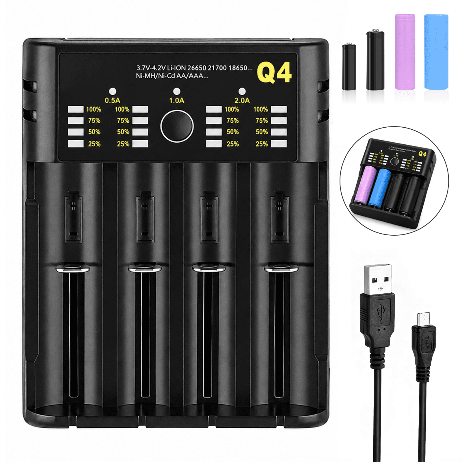 Leyeet Rechargeable Battery Charger, Universal 18650 Battery Charger with Q4 Screen Can Display Capacity, Adjustable Charging Speed , Suitable for Lithium Battery and Ni-MH / Ni-Cd AA AAA Battery