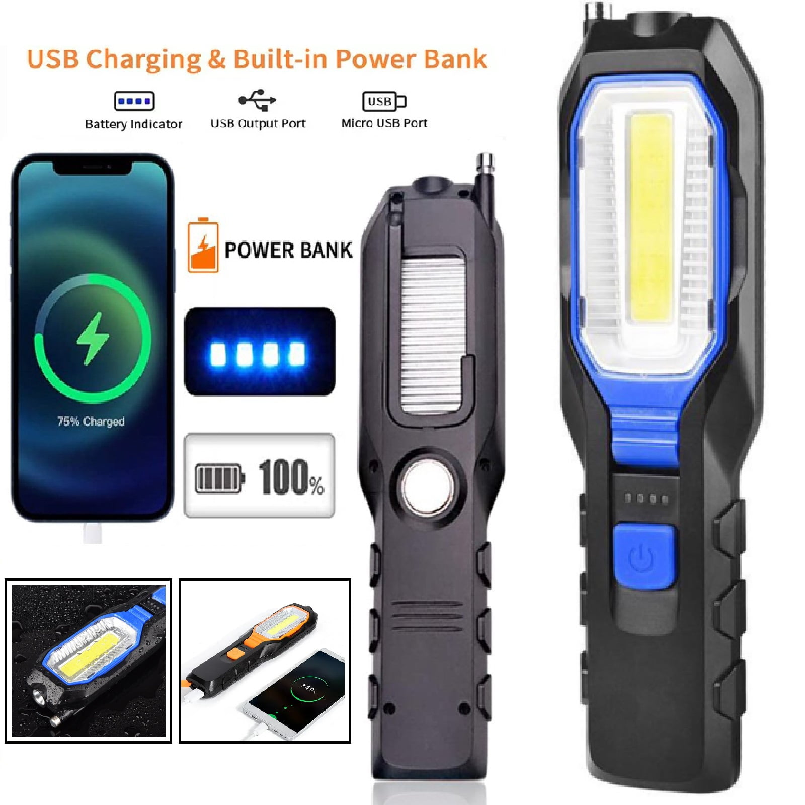 LeyeetLED Work Light With Base Rechargeable Handheld Flashlight LED Torches Lamp COB