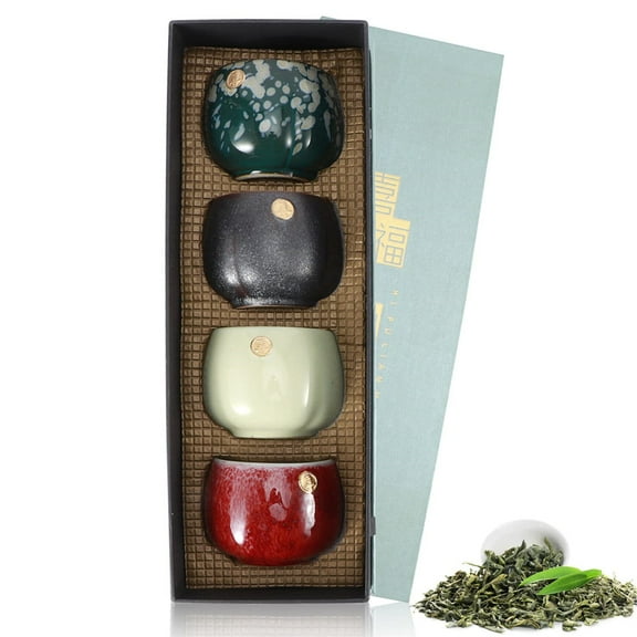 Leyfeng 4pcs Ceramic Tea Cup Set, Chinese/Japanese Style Retro Tea Mug Kung Fu Teaware Sake Cup, Gift Set