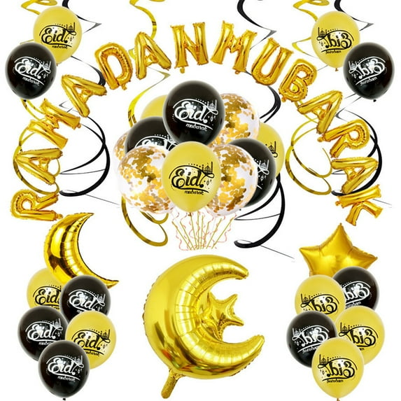 Leyfeng 50pcs Eid Ramadan Mubarak Party Balloons Kit Aluminum Foil Gold Moon Star Balloons With Latex Gold Black Balloons And Hanging Swirls For Muslim Islam Fest
