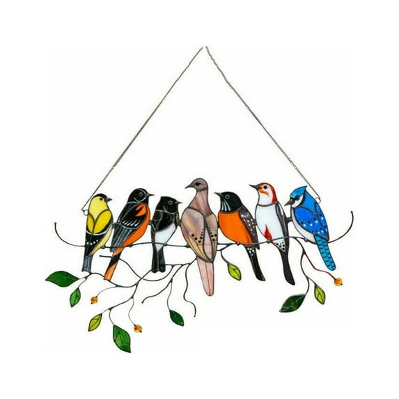 Leyfeng Multicolor Birds on a Wire High Stained Acrylic Suncatcher Window Hangings 7 Birds Pendant Ornaments for Windows Doors Garden Home Spring Decorations