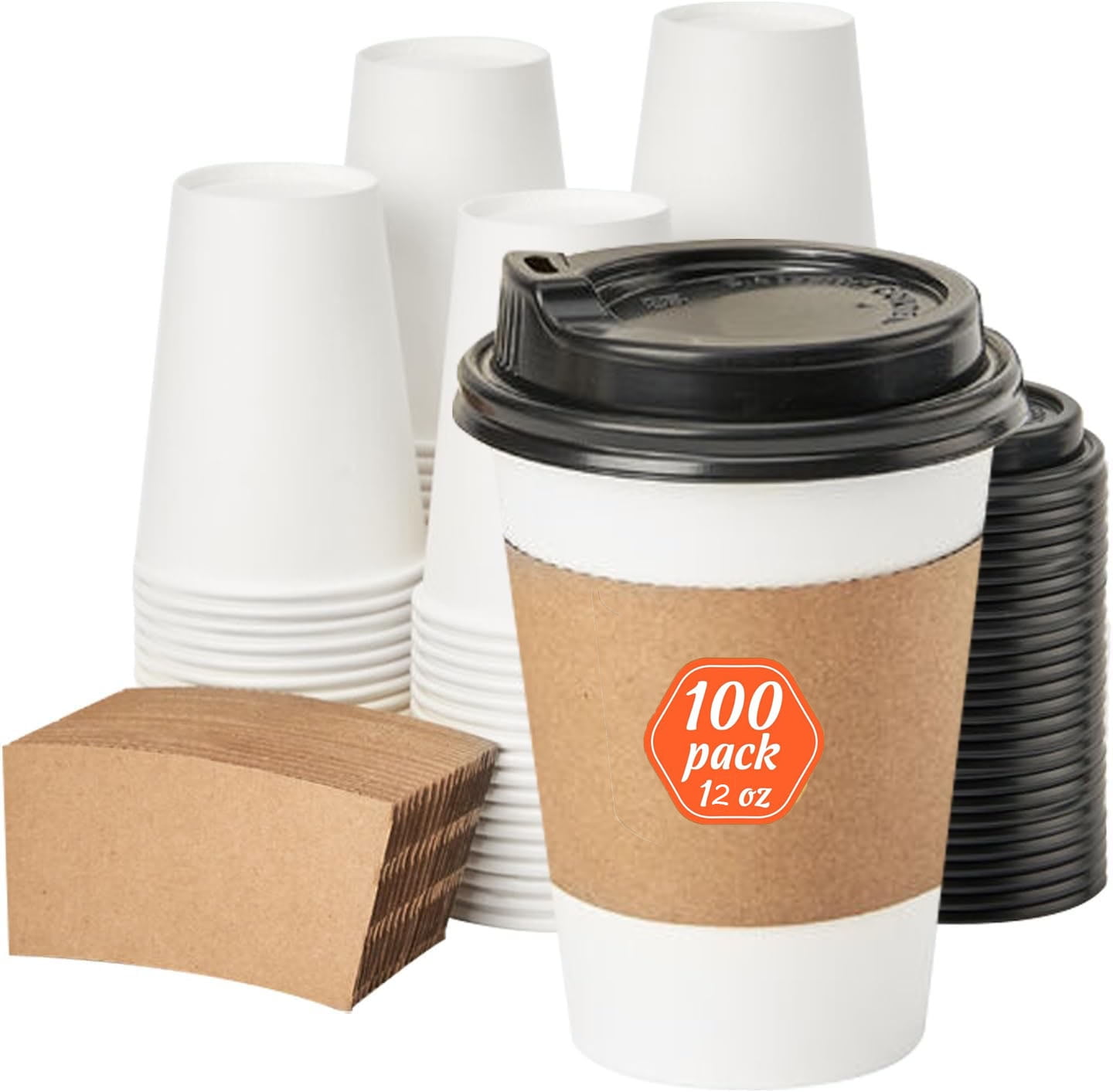 Leyfeng /Paper Cup, 100 Pack 12 Oz Disposable Coffee Cups with Lids and ...