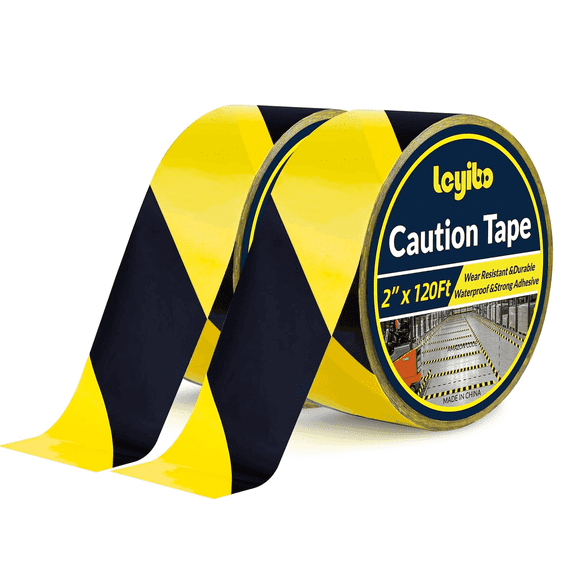 Leyibo-2 Inch x 120 FT Black & Yellow Caution Tape Roll(2 Pack), Hazard Safety Floor Marking Tape, Strong Adhesive, Waterproof, Wear Resistant for Floors, Walls, Staircases, Pipes, Equipment