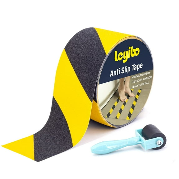 Leyibo Anti Slip Tape with Roller, 3” x 35Feet, Non Slip Safety Grip Tape for Stair Step Outdoor/Indoor, Waterproof for Bathtub, Boat, Pool, Comfortable for Bare Feet, Caution Yellow/Black