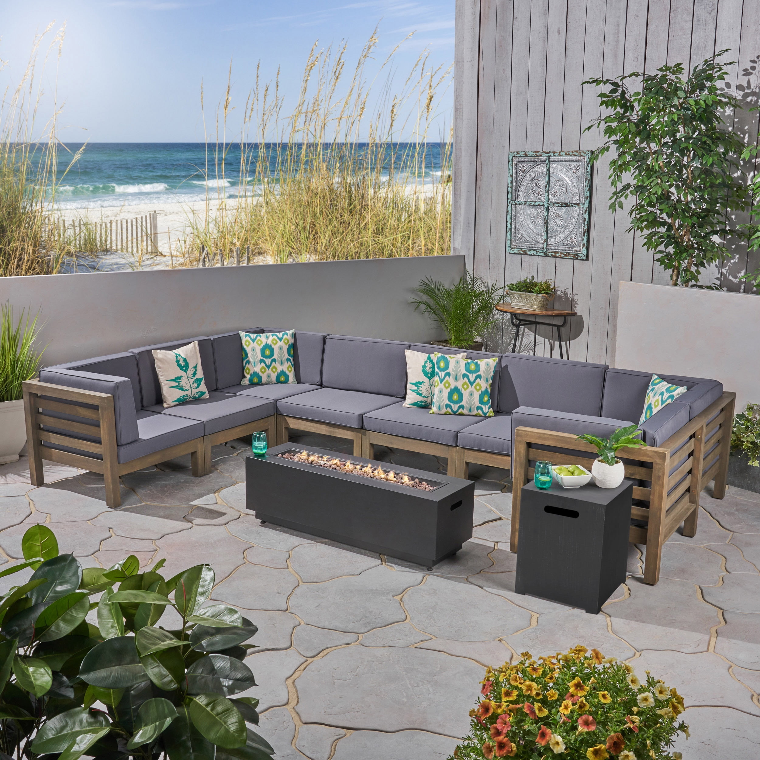 Leyla Outdoor 10 Piece Acacia Wood U-Shaped Sectional Sofa Set with Cushions and Iron Fire Pit, Teak, Red, Dark Gray