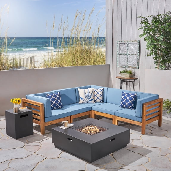 Leyla Outdoor 7 Piece Acacia Wood V-Shaped Sectional Sofa Set with Cushions and Fire Pit, Teak, Blue, Dark Gray