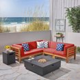 thumbnail image 1 of Leyla Outdoor 7 Piece Acacia Wood V-Shaped Sectional Sofa Set with Cushions and Fire Pit, Teak, Red, Dark Gray, 1 of 10