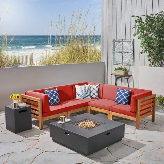 Leyla Outdoor 7 Piece Acacia Wood V-Shaped Sectional Sofa Set with Cushions and Fire Pit, Teak, Red, Dark Gray