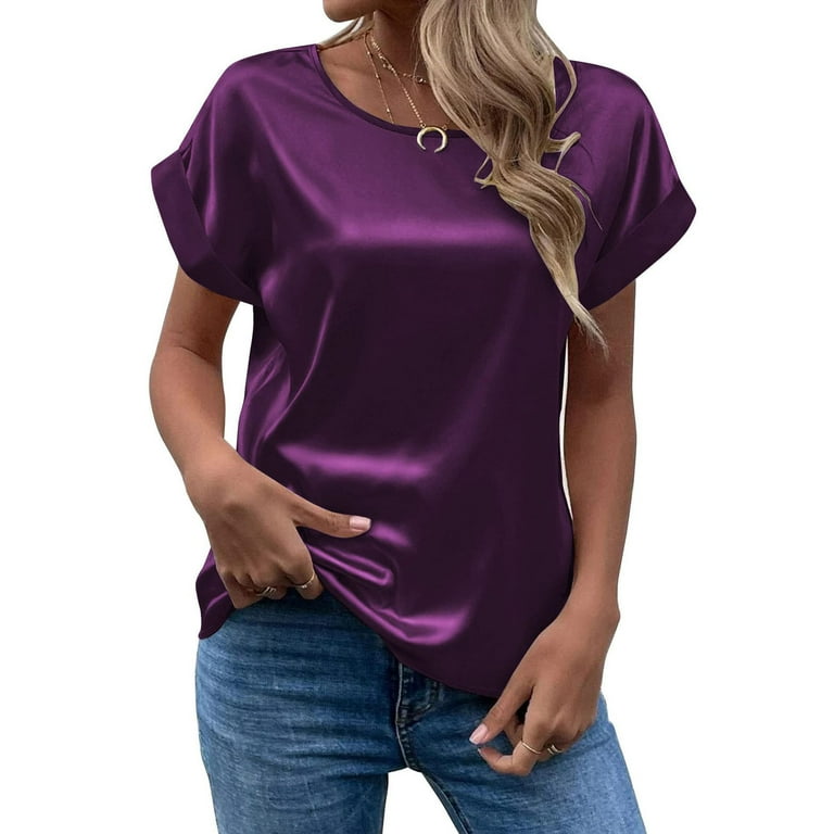 Leylayray Tops for Women Womens T-Shirt Summer Elegant Solid Round Neck  Rolled Short Sleeve Satin Silk Blouse Tops Dark Purple XL