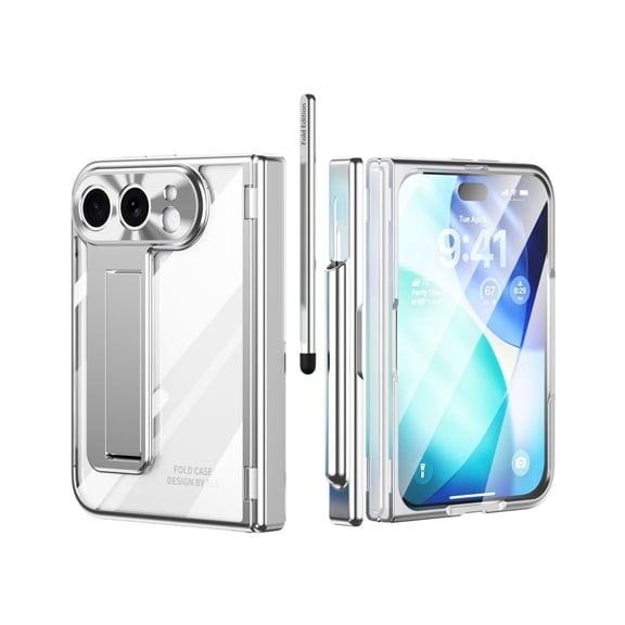 Leymi Case for Apple iPhone Duo with Pen + Screen Protector & Camera Lens Cover, Slim Lightweight Phone Shell with Kickstand Full Body Protective Cover for Apple iPhone Duo, Silver