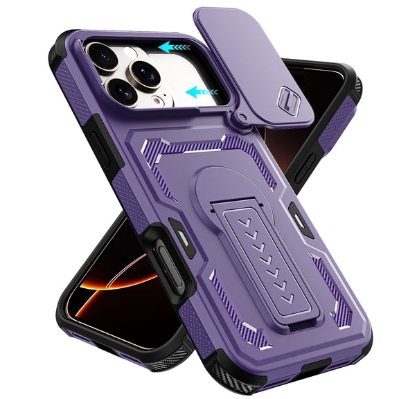 Leymi Case for iPhone 18 Pro, Built-in Slide Camera Cover Kickstand Shock-Absorbent Slim Lightweight PC+TPU Protective Cover Shockproof Protection for Women Men, Purple