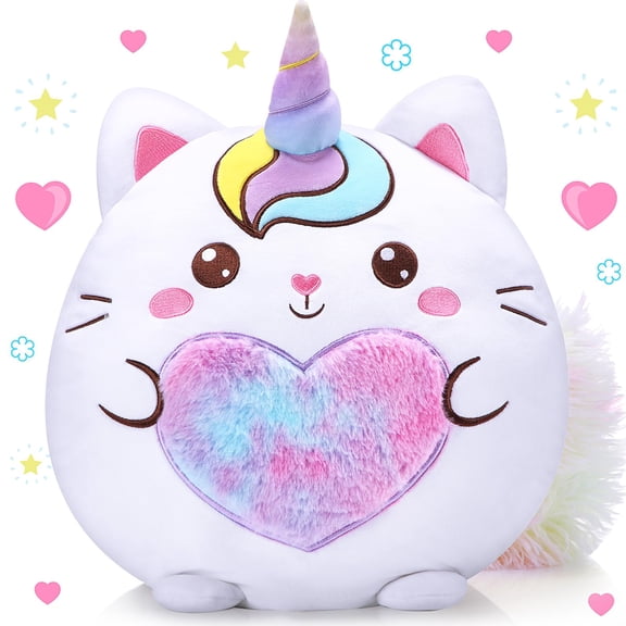 Leyndo Valentines 14 Inch Unicorn Cat Soft Plush Pillow and Cuddly Stuffed Animal Toy Caticorn with Fuzzy Heart Belly Plush Gift for Valentine's Day Birthday Kids Girls Boys Room Sofa Car(Cute) C113