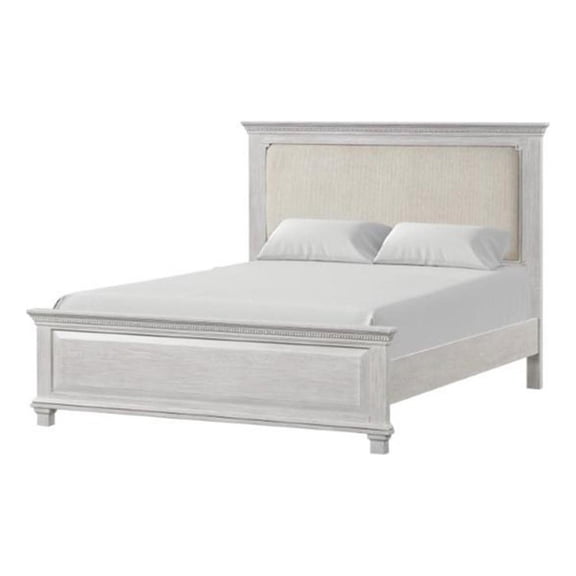 Leyne Queen Bed-Cream Upholstery-Dentil Molding Weathered Gray Wood