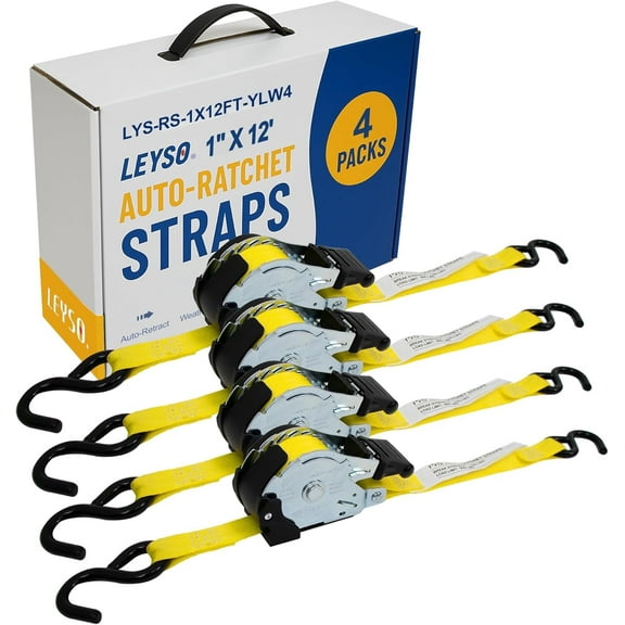 Leyso 1 Inch x 12 Ft Retractable Ratchet Straps, Auto Ratchet Straps with 1500 lbs Break Strength, Retractable Ratchet Tie Down Straps for Jet Skis, Motorcycles, Boats (4 Pack - Yellow)
