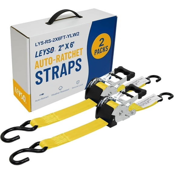 Leyso 2 Inch x 6 Ft Retractable Ratchet Straps, Auto Ratchet Straps with 3300 lbs Break Strength, Retractable Ratchet Tie Down Straps for Jet Skis, Motorcycles, Boats (2 Pack - Yellow)