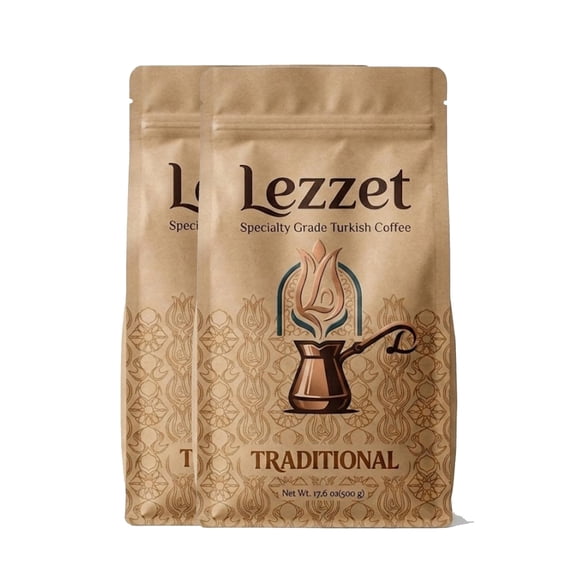 Lezzet Specialty Grade Turkish Coffee, Traditional, Powder-Fine Medium Dark Arabica, 2-Pack, 2 x 17.6 oz Bags