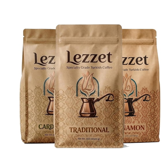 Lezzet Turkish Coffee Variety 3-Pack, Traditional, Cardamom & Cinnamon, Powder-Fine Medium Dark Roast Arabica, 3 x 17.6 oz Bags