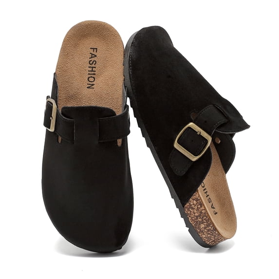 Lezzglt Suede Clogs for Women & Men Cork Footbed Leather Mules Potato Shoes|Non-slip Sole, Adjustable Metal Buckle, Slip-on Sandals Potato Shoes with Arch Support for Indoor and Outdoor,Black