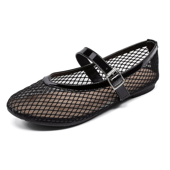Lezzglt Women's Mesh Ballet Flats, Fishnet Ballerina Flats, Round-Toe Buckle Strap Mary Jane Causal Daily Dress Shoes