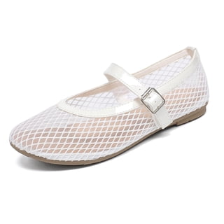 Lezzglt Women's Mesh Ballet Flats, Fishnet Ballerina Flats, Round-Toe Buckle Strap Mary Jane Causal Daily Dress Shoes
